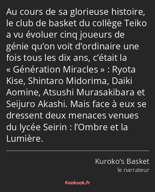 Au cours de sa glorieuse histoire, le club de basket du collège Teiko a vu évoluer cinq joueurs de…