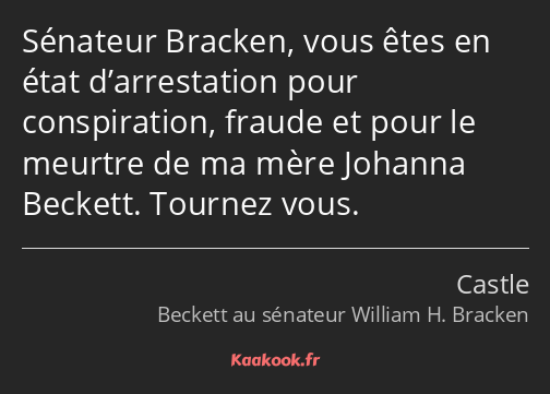 Sénateur Bracken, vous êtes en état d’arrestation pour conspiration, fraude et pour le meurtre de…