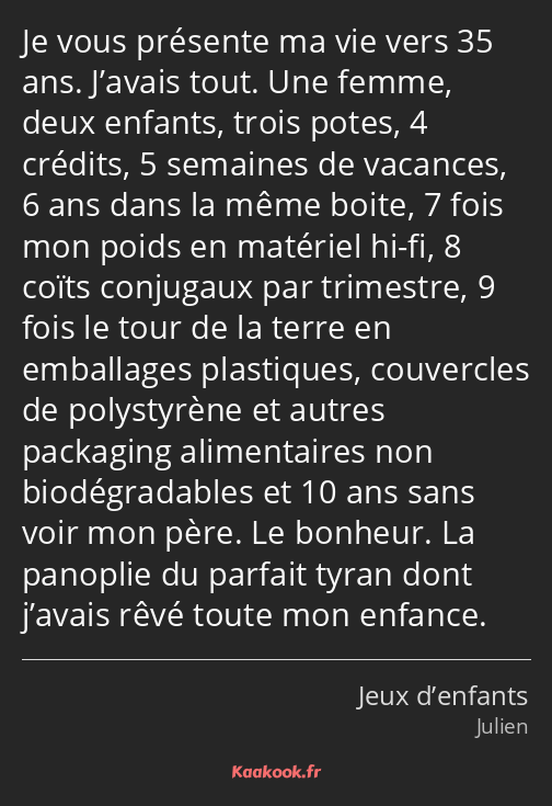 Je vous présente ma vie vers 35 ans. J’avais tout. Une femme, deux enfants, trois potes, 4 crédits…