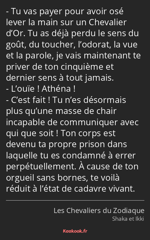 Tu vas payer pour avoir osé lever la main sur un Chevalier d’Or. Tu as déjà perdu le sens du goût…