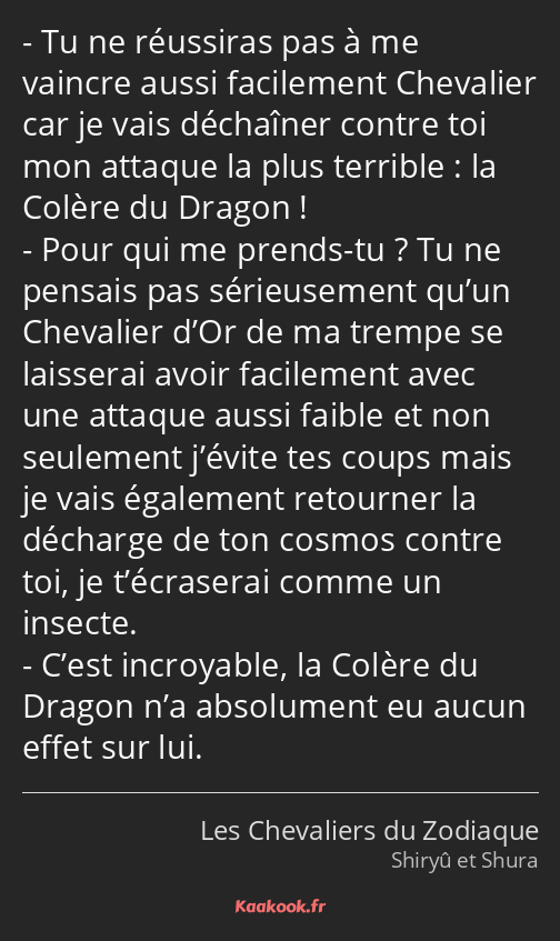 Tu ne réussiras pas à me vaincre aussi facilement Chevalier car je vais déchaîner contre toi mon…