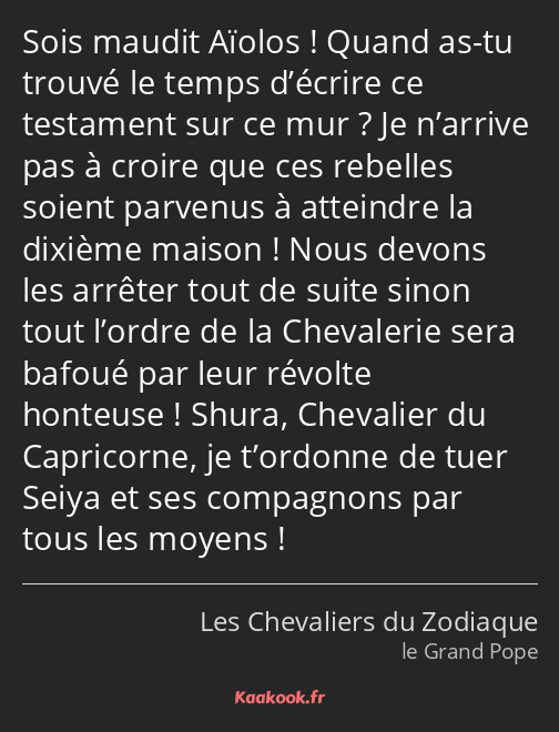 Sois maudit Aïolos ! Quand as-tu trouvé le temps d’écrire ce testament sur ce mur ? Je n’arrive pas…