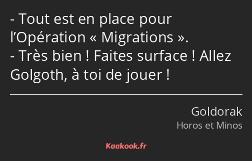 Tout est en place pour l’Opération Migrations. Très bien ! Faites surface ! Allez Golgoth, à toi de…