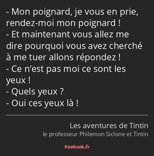 Mon poignard, je vous en prie, rendez-moi mon poignard ! Et maintenant vous allez me dire pourquoi…