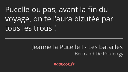 Pucelle ou pas, avant la fin du voyage, on te l’aura bizutée par tous les trous !