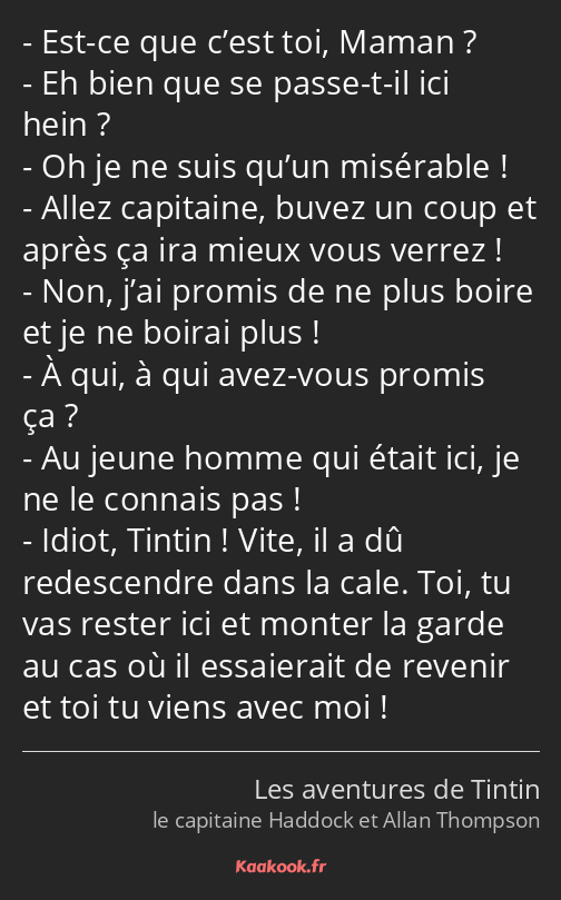 Est-ce que c’est toi, Maman ? Eh bien que se passe-t-il ici hein ? Oh je ne suis qu’un misérable…