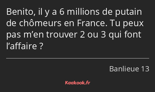 Benito, il y a 6 millions de putain de chômeurs en France. Tu peux pas m’en trouver 2 ou 3 qui font…