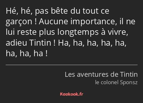 Hé, hé, pas bête du tout ce garçon ! Aucune importance, il ne lui reste plus longtemps à vivre…