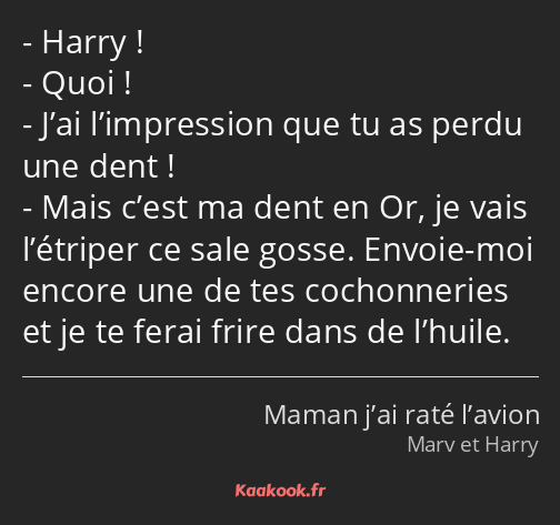 Harry ! Quoi ! J’ai l’impression que tu as perdu une dent ! Mais c’est ma dent en Or, je vais…