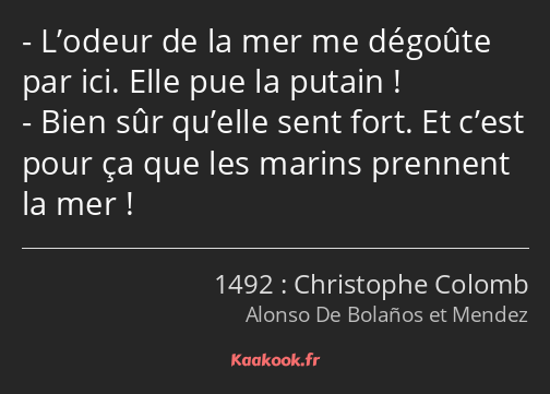 L’odeur de la mer me dégoûte par ici. Elle pue la putain ! Bien sûr qu’elle sent fort. Et c’est…