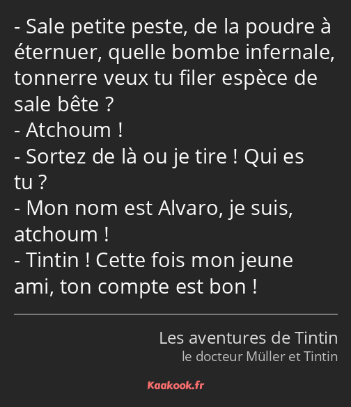 Sale petite peste, de la poudre à éternuer, quelle bombe infernale, tonnerre veux tu filer espèce…