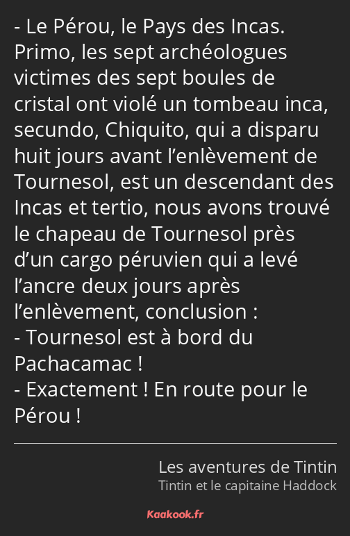 Le Pérou, le Pays des Incas. Primo, les sept archéologues victimes des sept boules de cristal ont…