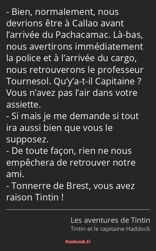 Bien, normalement, nous devrions être à Callao avant l’arrivée du Pachacamac. Là-bas, nous…