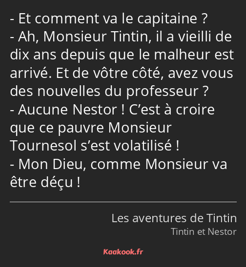 Et comment va le capitaine ? Ah, Monsieur Tintin, il a vieilli de dix ans depuis que le malheur est…