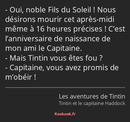 Oui, noble Fils du Soleil ! Nous désirons mourir cet après-midi même à 16 heures précises ! C’est…