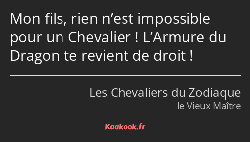 Mon fils, rien n’est impossible pour un Chevalier ! L’Armure du Dragon te revient de droit !