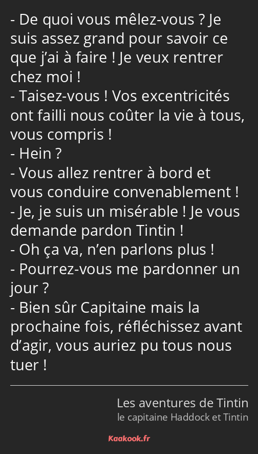 De quoi vous mêlez-vous ? Je suis assez grand pour savoir ce que j’ai à faire ! Je veux rentrer…