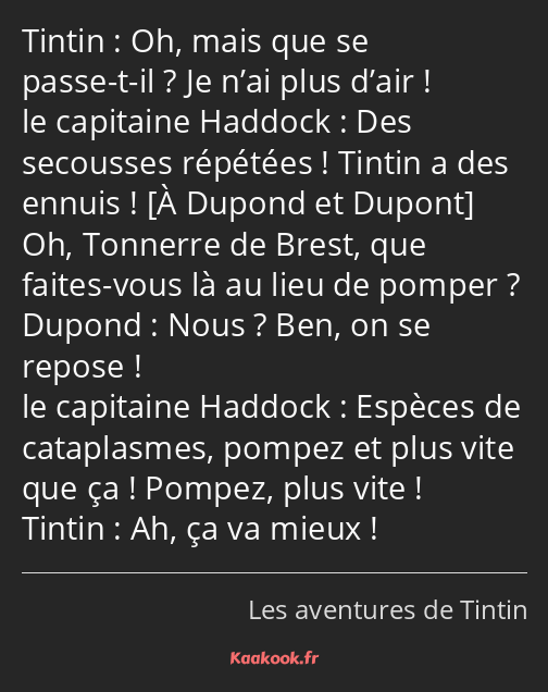 Oh, mais que se passe-t-il ? Je n’ai plus d’air ! Des secousses répétées ! Tintin a des ennuis ! Oh…