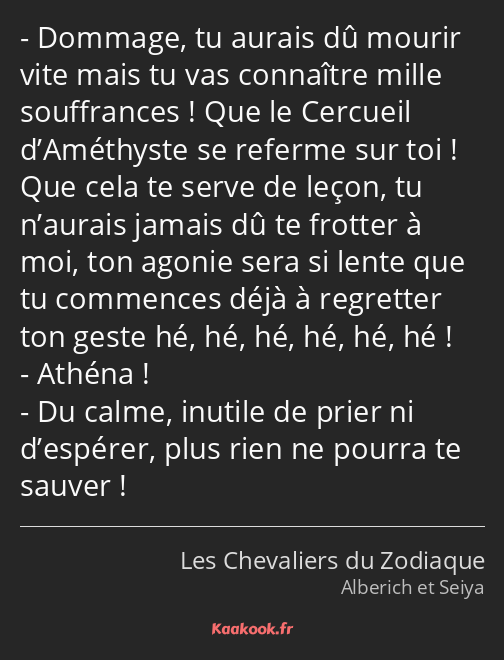 Dommage, tu aurais dû mourir vite mais tu vas connaître mille souffrances ! Que le Cercueil…