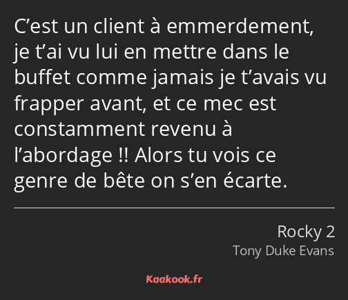 C’est un client à emmerdement, je t’ai vu lui en mettre dans le buffet comme jamais je t’avais vu…