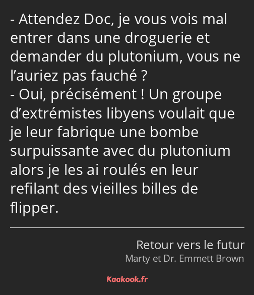 Attendez Doc, je vous vois mal entrer dans une droguerie et demander du plutonium, vous ne l’auriez…