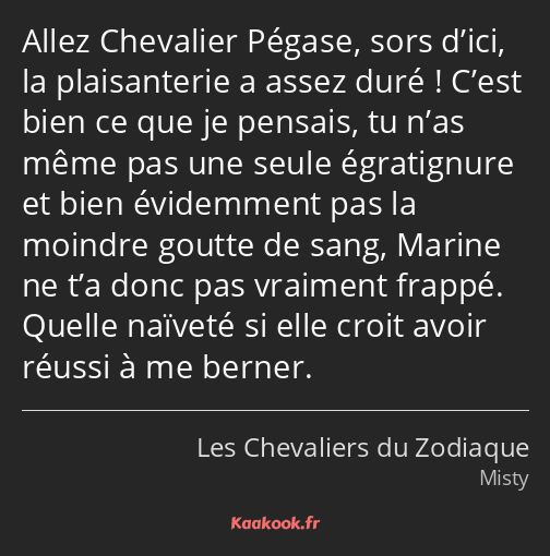 Allez Chevalier Pégase, sors d’ici, la plaisanterie a assez duré ! C’est bien ce que je pensais, tu…