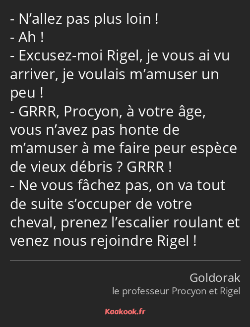 N’allez pas plus loin ! Ah ! Excusez-moi Rigel, je vous ai vu arriver, je voulais m’amuser un peu…