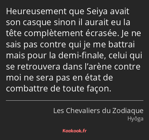 Heureusement que Seiya avait son casque sinon il aurait eu la tête complètement écrasée. Je ne sais…