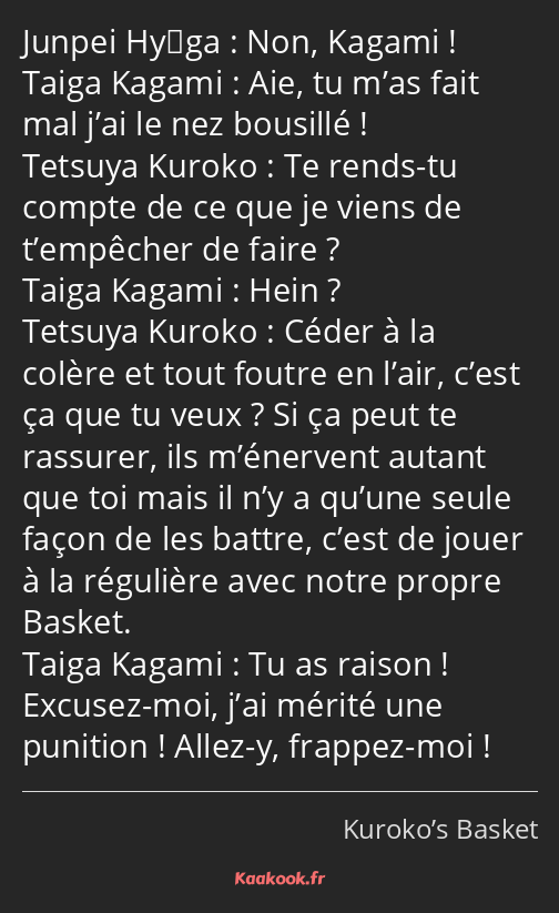 Non, Kagami ! Aie, tu m’as fait mal j’ai le nez bousillé ! Te rends-tu compte de ce que je viens de…