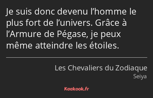 Je suis donc devenu l’homme le plus fort de l’univers. Grâce à l’Armure de Pégase, je peux même…