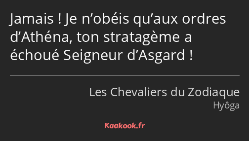 Jamais ! Je n’obéis qu’aux ordres d’Athéna, ton stratagème a échoué Seigneur d’Asgard !