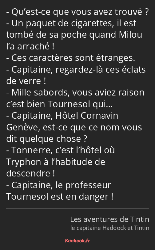 Qu’est-ce que vous avez trouvé ? Un paquet de cigarettes, il est tombé de sa poche quand Milou l’a…