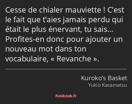 Cesse de chialer mauviette ! C’est le fait que t’aies jamais perdu qui était le plus énervant, tu…