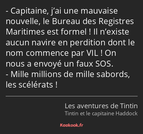 Capitaine, j’ai une mauvaise nouvelle, le Bureau des Registres Maritimes est formel ! Il n’existe…