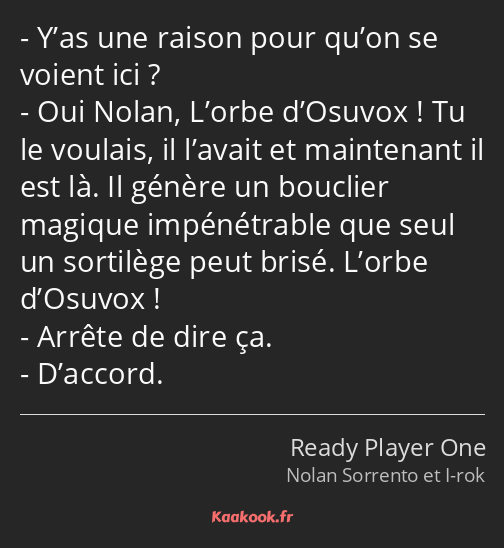 Y’as une raison pour qu’on se voient ici ? Oui Nolan, L’orbe d’Osuvox ! Tu le voulais, il l’avait…