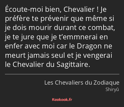 Écoute-moi bien, Chevalier ! Je préfère te prévenir que même si je dois mourir durant ce combat, je…