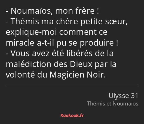 Noumaïos, mon frère ! Thémis ma chère petite sœur, explique-moi comment ce miracle a-t-il pu se…