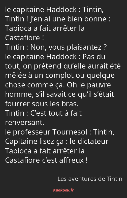 Tintin, Tintin ! J’en ai une bien bonne : Tapioca a fait arrêter la Castafiore ! Non, vous…