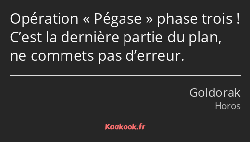Opération Pégase phase trois ! C’est la dernière partie du plan, ne commets pas d’erreur.