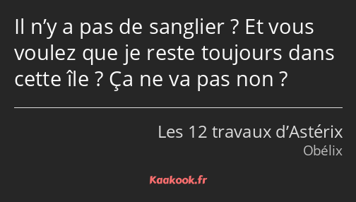 Il n’y a pas de sanglier ? Et vous voulez que je reste toujours dans cette île ? Ça ne va pas non ?