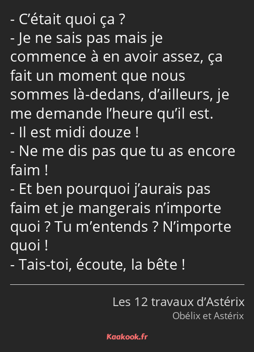 C’était quoi ça ? Je ne sais pas mais je commence à en avoir assez, ça fait un moment que nous…