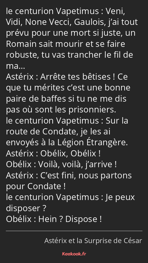 Veni, Vidi, None Vecci, Gaulois, j’ai tout prévu pour une mort si juste, un Romain sait mourir et…