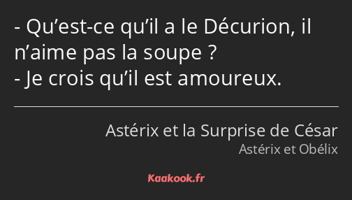 Qu’est-ce qu’il a le Décurion, il n’aime pas la soupe ? Je crois qu’il est amoureux.