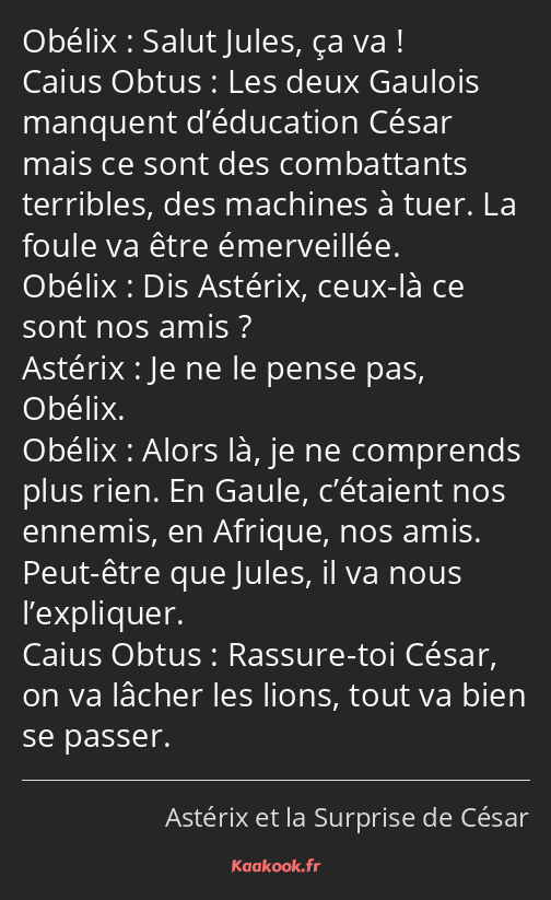 Salut Jules, ça va ! Les deux Gaulois manquent d’éducation César mais ce sont des combattants…
