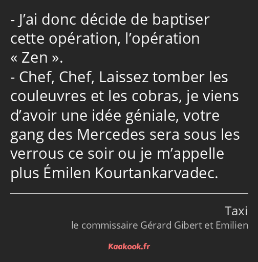 J’ai donc décide de baptiser cette opération, l’opération Zen. Chef, Chef, Laissez tomber les…