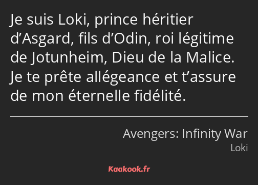 Je suis Loki, prince héritier d’Asgard, fils d’Odin, roi légitime de Jotunheim, Dieu de la Malice…