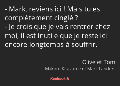 Mark, reviens ici ! Mais tu es complètement cinglé ? Je crois que je vais rentrer chez moi, il est…