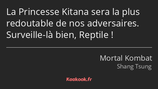 La Princesse Kitana sera la plus redoutable de nos adversaires. Surveille-là bien, Reptile !