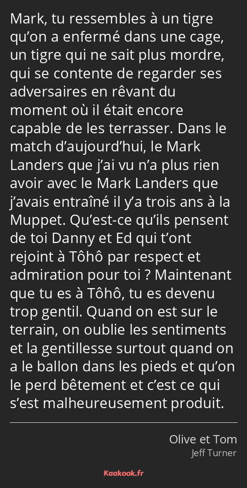 Mark, tu ressembles à un tigre qu’on a enfermé dans une cage, un tigre qui ne sait plus mordre, qui…