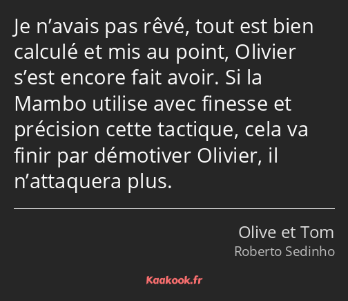 Je n’avais pas rêvé, tout est bien calculé et mis au point, Olivier s’est encore fait avoir. Si la…